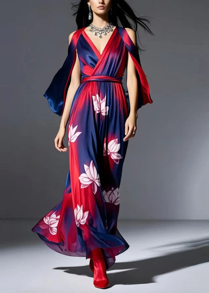 Navy Cold Shoulder Tie Dye Chiffon Dresses Summer