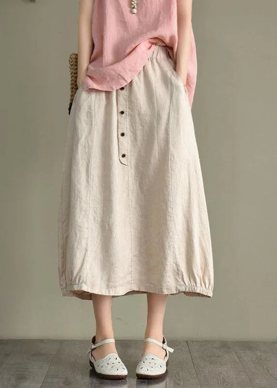 Beige Button a Line Summer Loose Skirts Linen