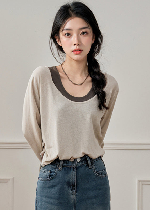Handmade Apricot O-neck Patchwork Fake Two Pieces T Shirt Fall