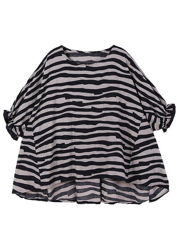 Black Loose O-neck Ruffled Fall Striped Shirt Top Half Sleeve