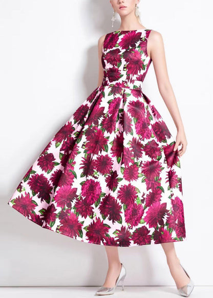 Red Print High Waist Cotton Long Dresses Sleeveless