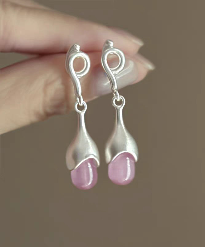 Pink Sterling Silver Cat Eye Stone Tassel Drop Earrings