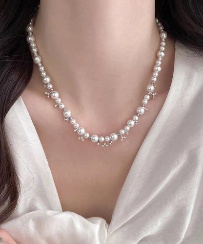 White Alloy Zircon Pearl Beading Gratuated Bead Necklace