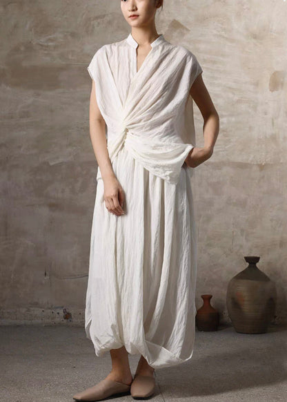 Beige Wrinkled Pockets Linen Two Pieces Set Summer