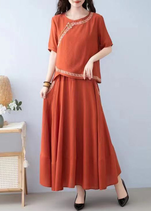 New Orange O Neck Pockets Linen Two-piece Set Summer