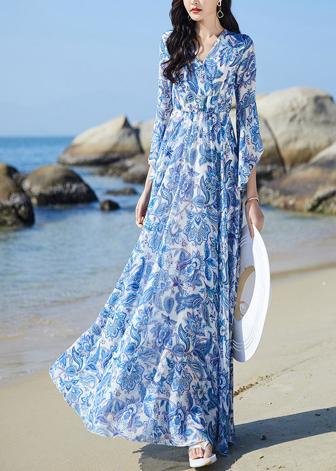Blue V Neck Print Elastic Waist Chiffon Vacation Maxi Dresses Flare Sleeve
