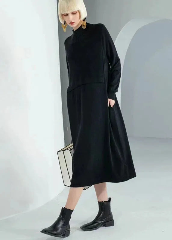 Chocolate Turtle Neck Patchwork Wool Knit Sweater Dress Long Sleeve