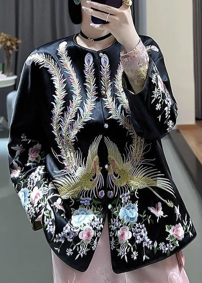 Black Button Embroideried Silk Coats O-neck Long Sleeve