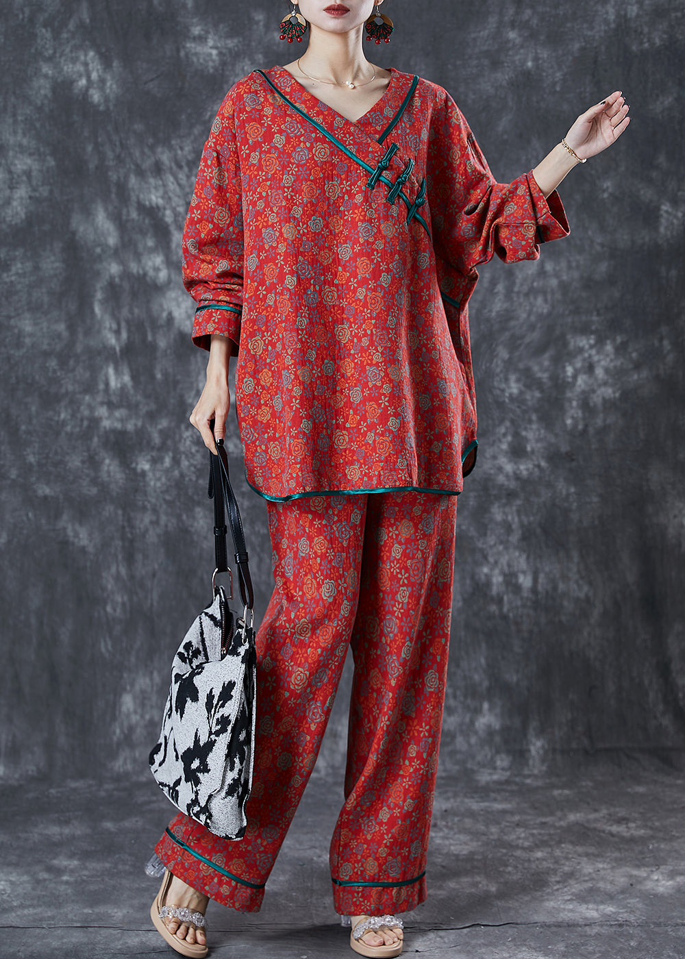 Italian Red Print Chinese Button Cotton Two-piece Set Spring