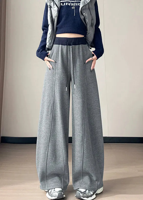 French Grey Drawstring Patchwork Warm Fleece Harem Pants Winter