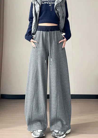French Grey Drawstring Patchwork Warm Fleece Harem Pants Winter