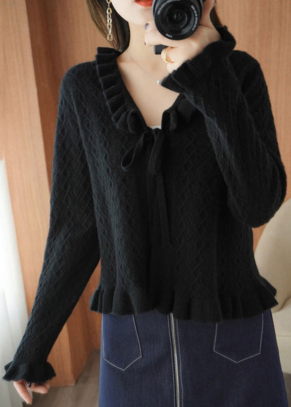 Camel Ruffled Lace Up Knitting Cardigans Long Sleeve