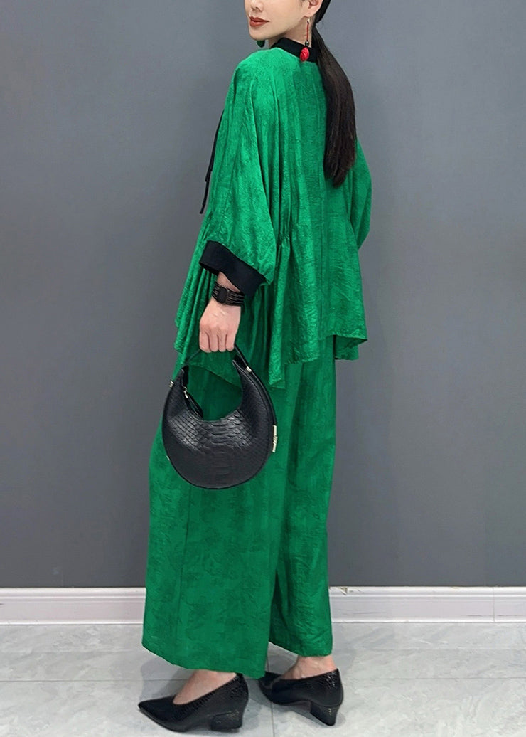 Chinese Style Green Stand Collar Shirts and Wide Leg Pants Two Piece Set Fall