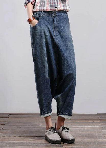 Blue Pockets Patchwork Denim Harem Pants Spring
