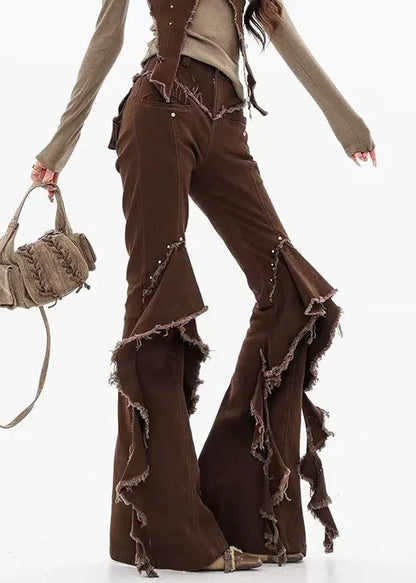 Unique Coffee Raw Edge High Waist Denim Flared Trousers Fall