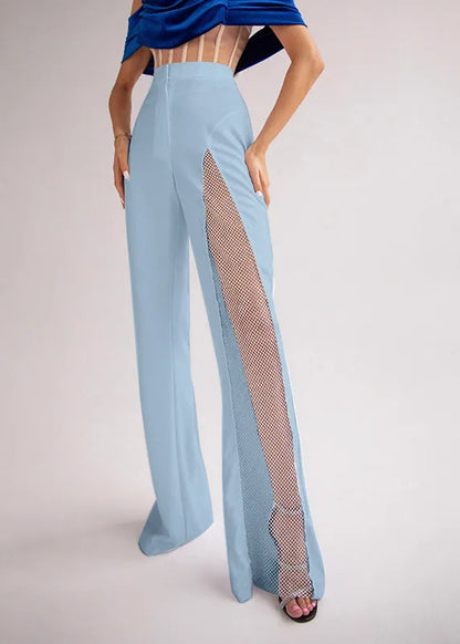 Blue Hollow Out Patchwork Tulle Bell-bottom Trousers Spring