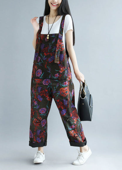 Black Oversized Butterfly Print Ripped Cotton Overalls Jumpsuit Spring