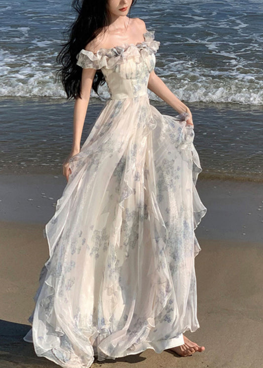 Ruffled Print Patchwork Chiffon Long Dresses Summer