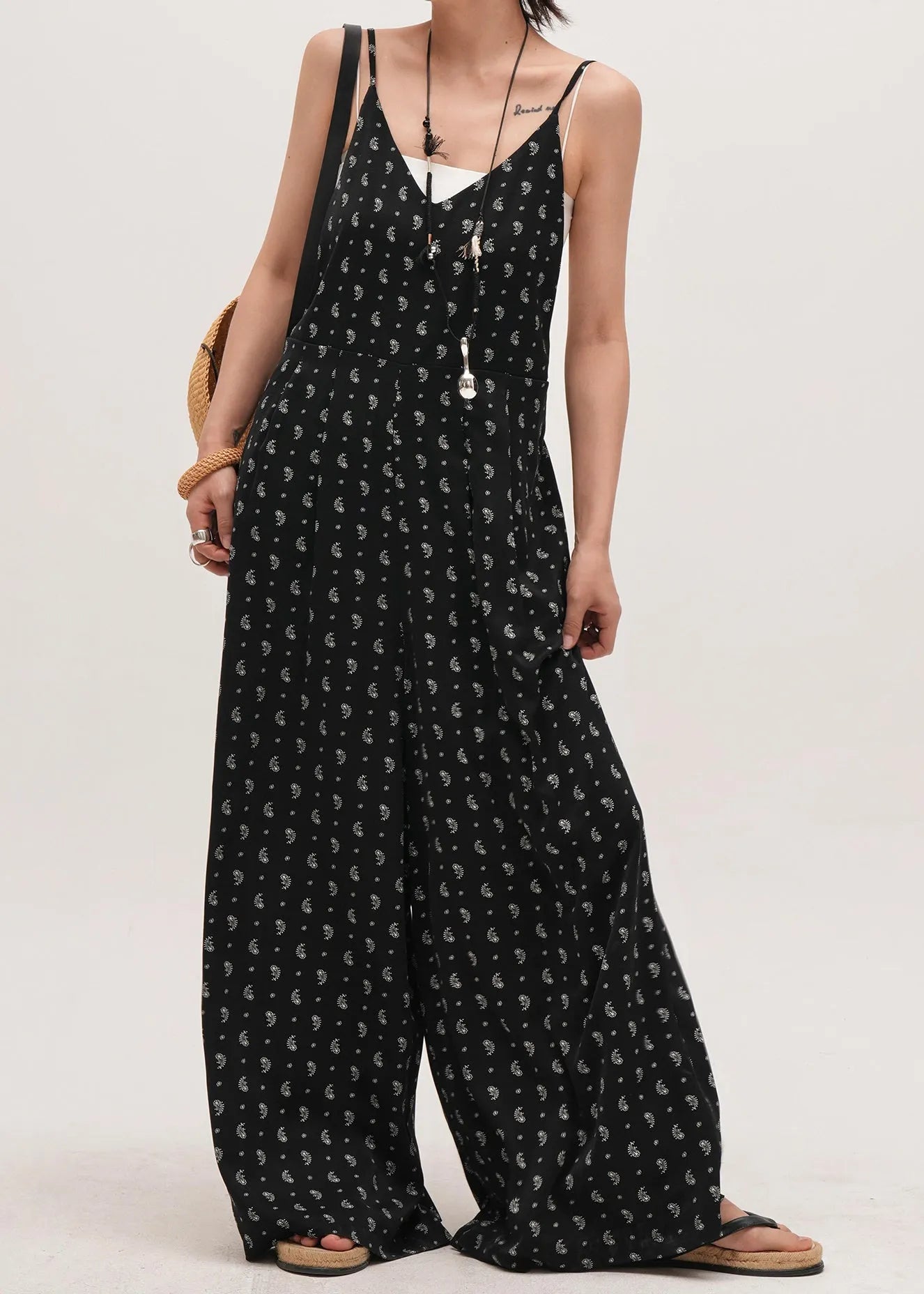 Black Oversized Print Cotton Overalls Jumpsuit Summer