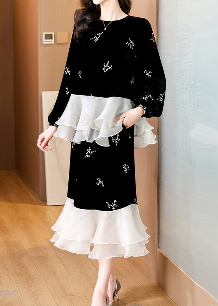 Black Embroidered Patchwork Silk Velvet Two-piece Set Spring