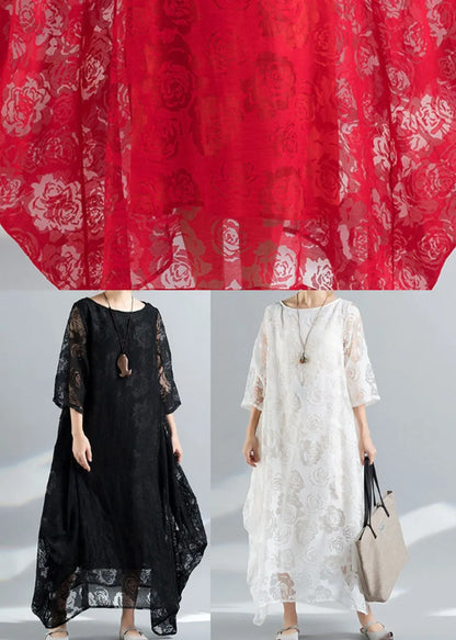 Red Lace Vacation Dress Hollow Out Asymmetrical Bracelet Sleeve