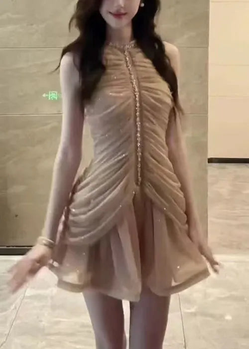 Art Naked Color Zippered Zircon Wrinkled Chiffon Dress Sleeveless