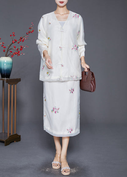 White Embroideried Chinese Button Silk Two-piece Set Fall