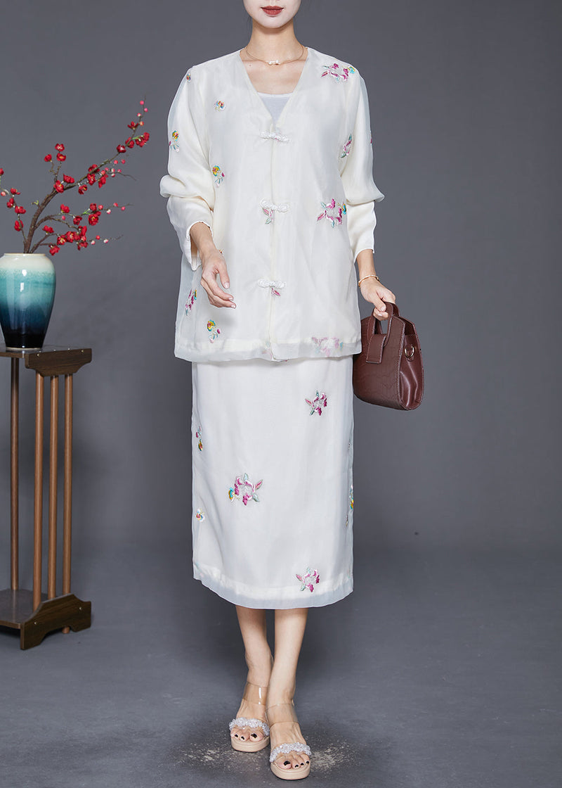 White Embroideried Chinese Button Silk Two-piece Set Fall