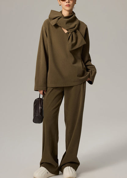Green V Neck Elastic Waist Cotton Three Pieces Set Fall