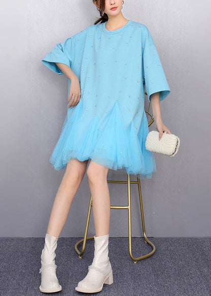 Blue Oversized Patchwork Tulle Mini Dress Summer