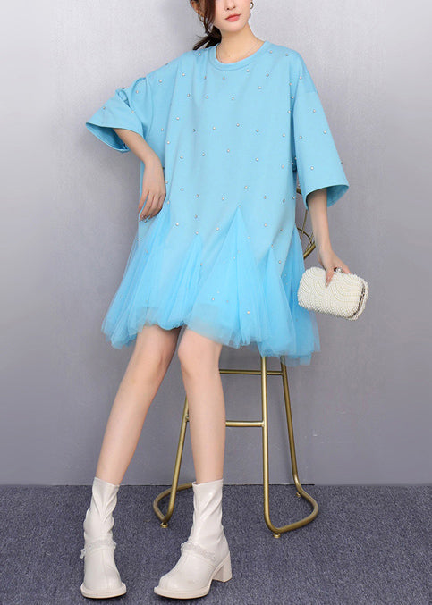 Blue Oversized Patchwork Tulle Mini Dress Summer