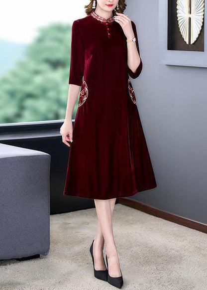 Art Mulberry Mandarin Collar Embroideried Silk Velour a Line Dress Half Sleeve