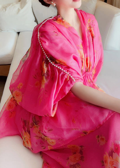Art Rose V Neck Print Silk Top and Skirts Two Pieces Set Summer