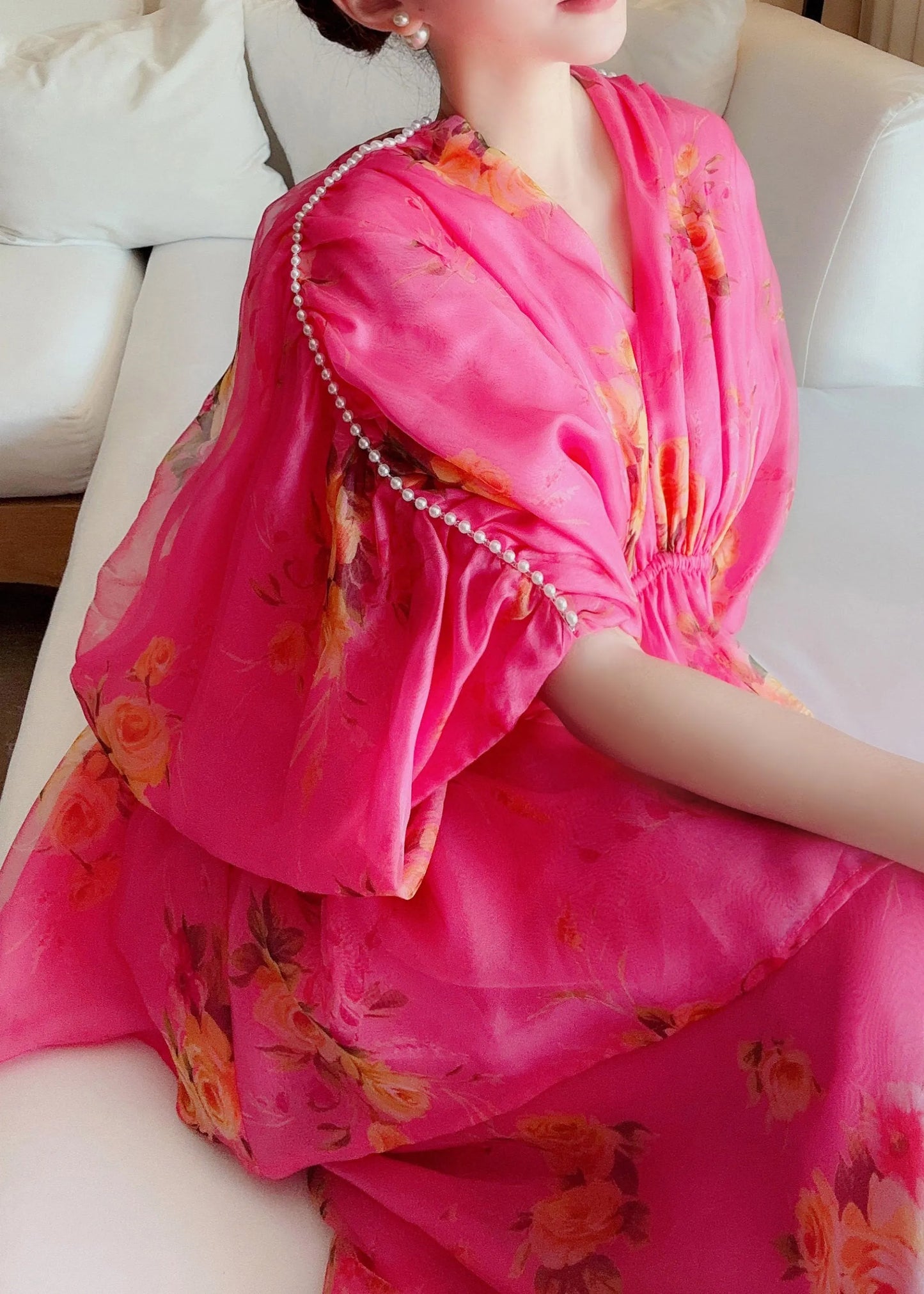 Art Rose V Neck Print Silk Top and Skirts Two Pieces Set Summer