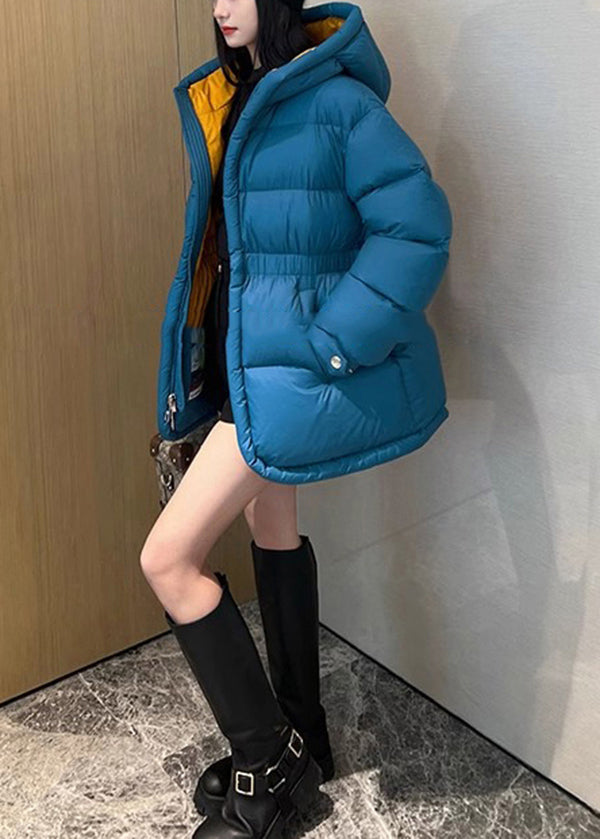 Simple Peacock Blue Cinched Duck Down Down Coats Winter