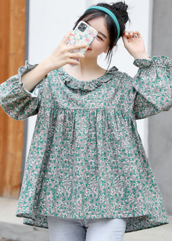 Grey Print Wrinkled Cotton Loose Shirt Top Long Sleeve