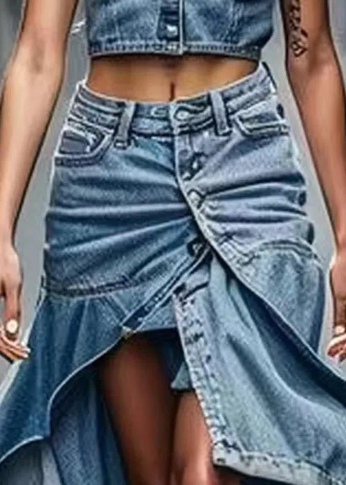 Blue Button Side Open High Waist Denim Skirts Summer