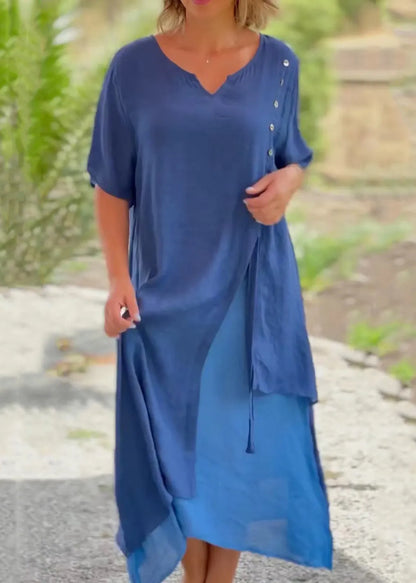 Black V Neck Asymmetrical Patchwork Cotton Dress Summer