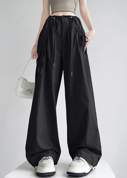 New Yellow Pockets Drawstring High Waist Cotton Pants Spring