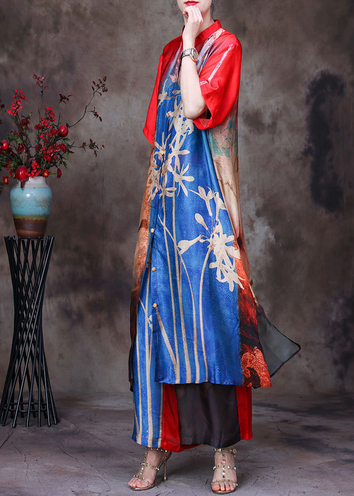 Colorblock Stand Collar Button Print Side Open Silk Long Shirt and Wide Leg Pants 2 Piece Outfit Short Sleeve