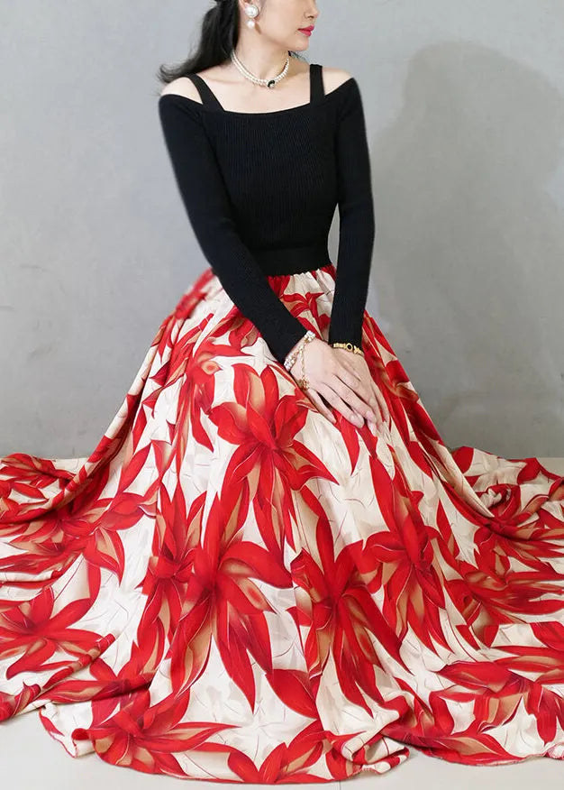 Loose Red Print Elastic Waist Chiffon Maxi Skirts Summer