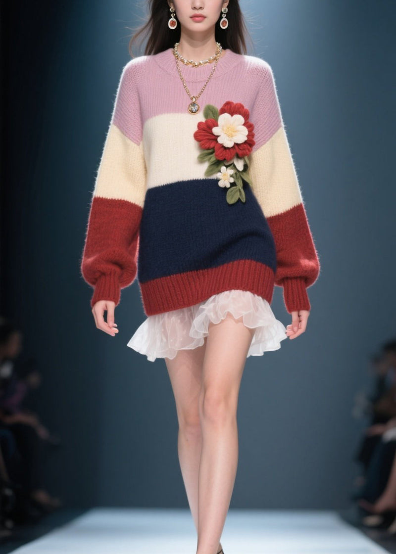 Colorblock O Neck Tulle Patchwork Knit Sweater Dress Fall