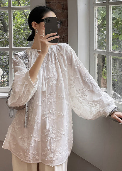 Cozy White Embroideried Cotton Shirt Tops Fall