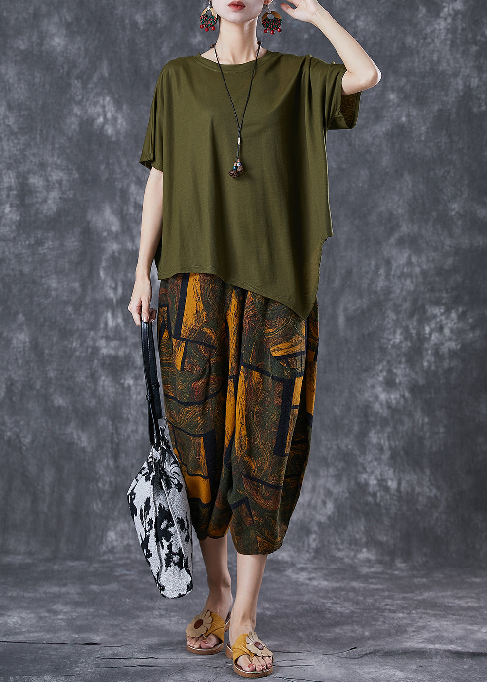 Army Green Asymmetrical Print Cotton Two Pieces Set Summer