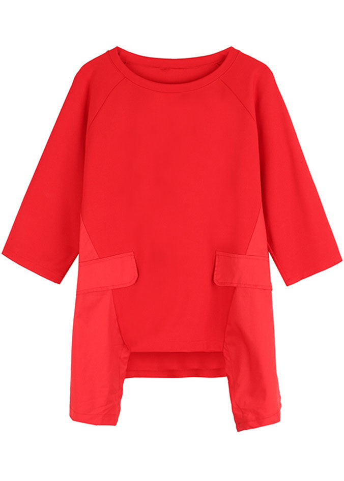 Fitted Red O-neck Patchwork Asymmetrical Design Fall Half Sleeve Top