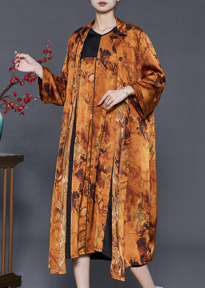Stylish Brown Oversized Patchwork Print Silk Two Piece Set Outfits Spring