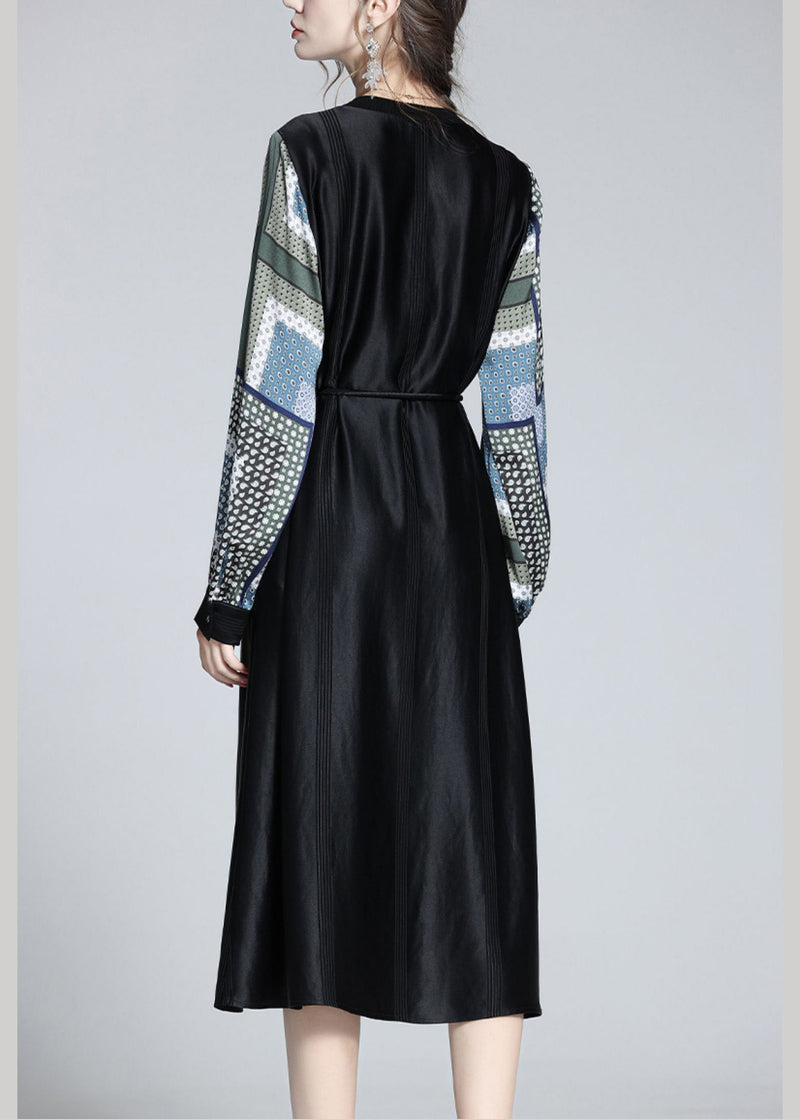 Jacquard Black O-neck Patchwork Dot Party Long Dress Long Sleeve