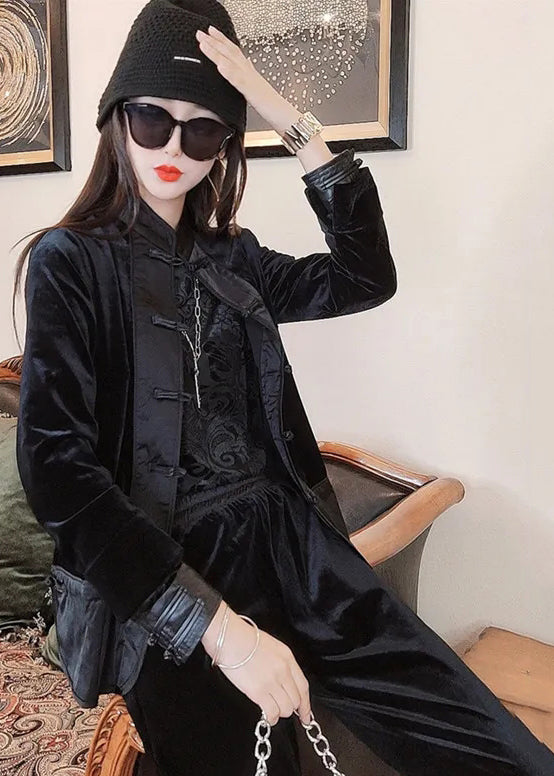 Loose Black Chinese Button Patchwork Velour Two-piece Set Fall
