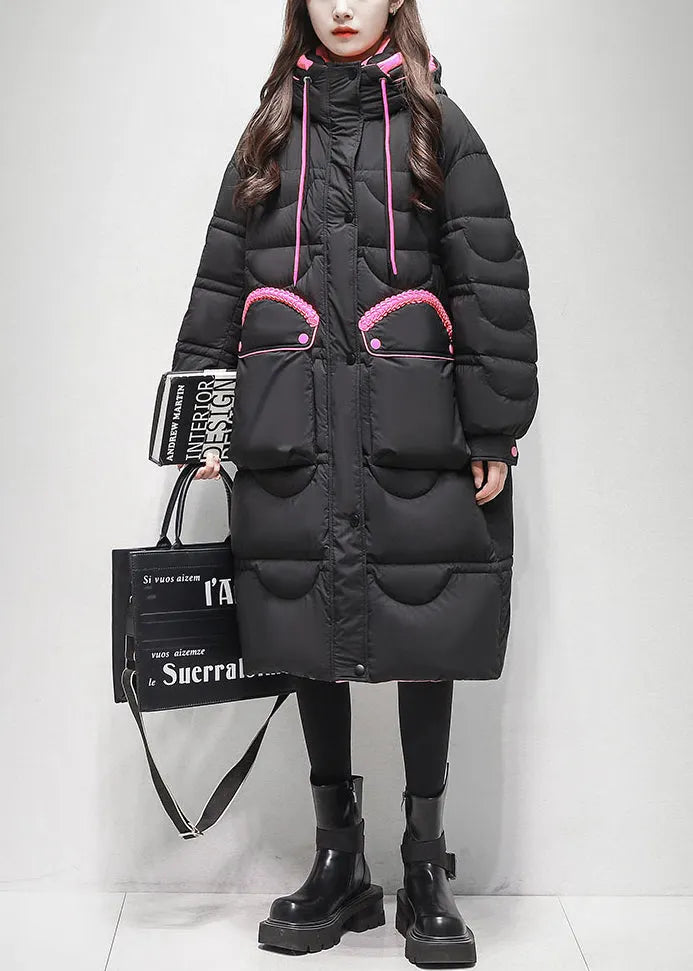 Loose Black Lace Up Pockets Patchwork Duck Down Puffer Coat Winter