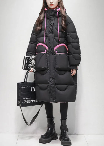 Loose Black Lace Up Pockets Patchwork Duck Down Puffer Coat Winter